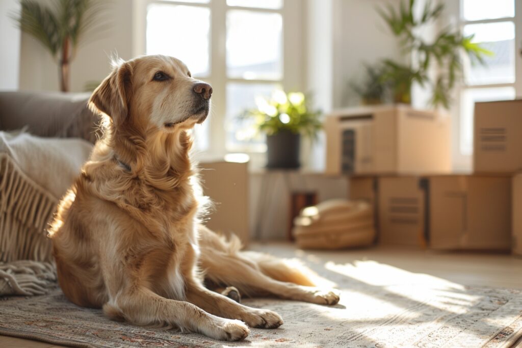 Chien âgé explorant paisiblement sa nouvelle maison à Saint-Paul après un déménagement